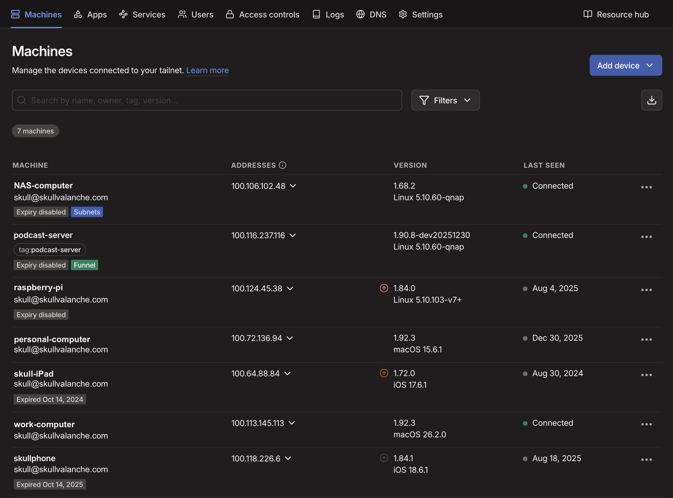 a screenshot of the tailscale admin page